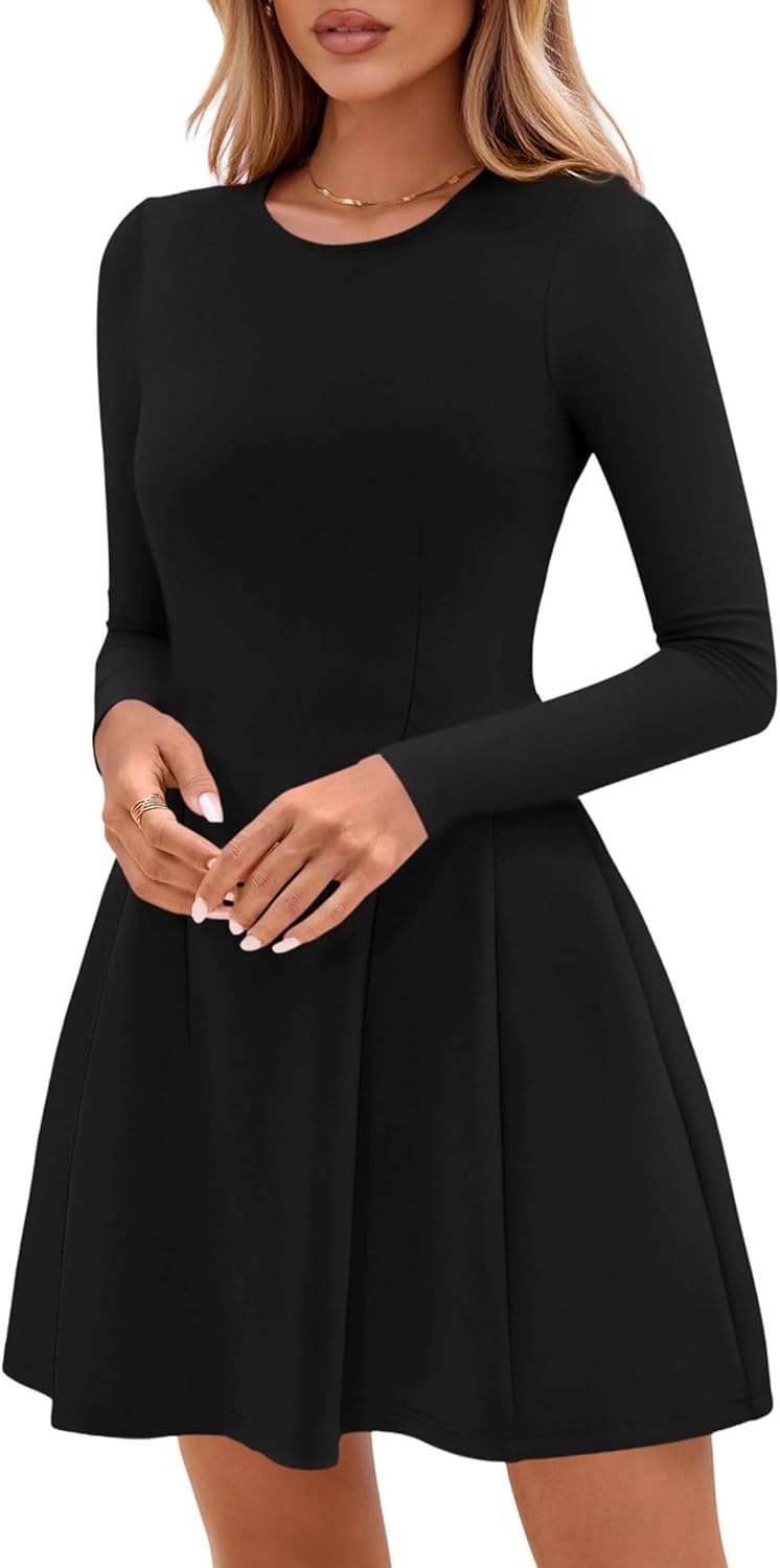 PRETTYGARDEN Long Sleeve Mini Dress for Women 2026 Spring Crewneck Knit Pleated Babydoll A Line Casual Short Party Dresses - Image 7