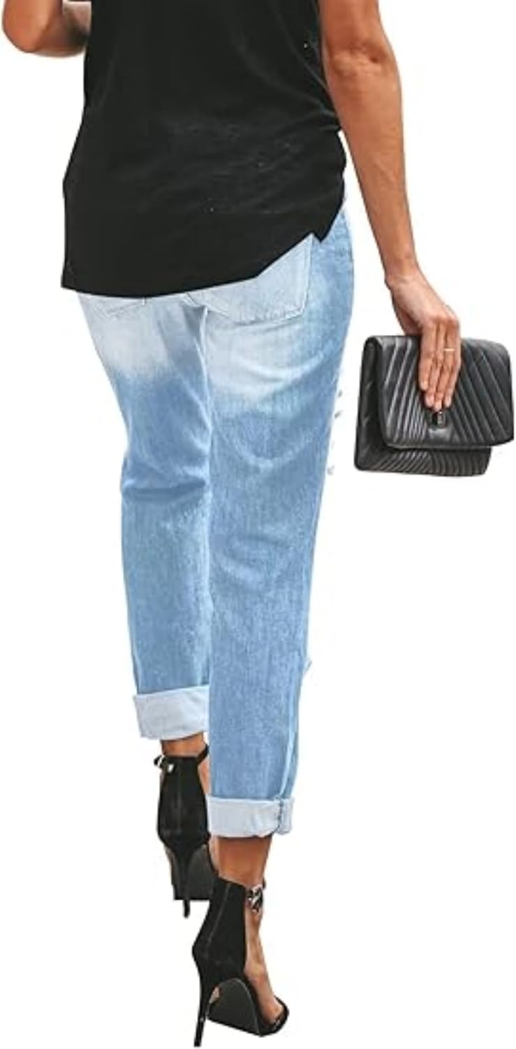 Women's Distressed Mid Waisted Boyfriend Jeans Loose Fit Ripped Stretchy Denim Pants - Image 3