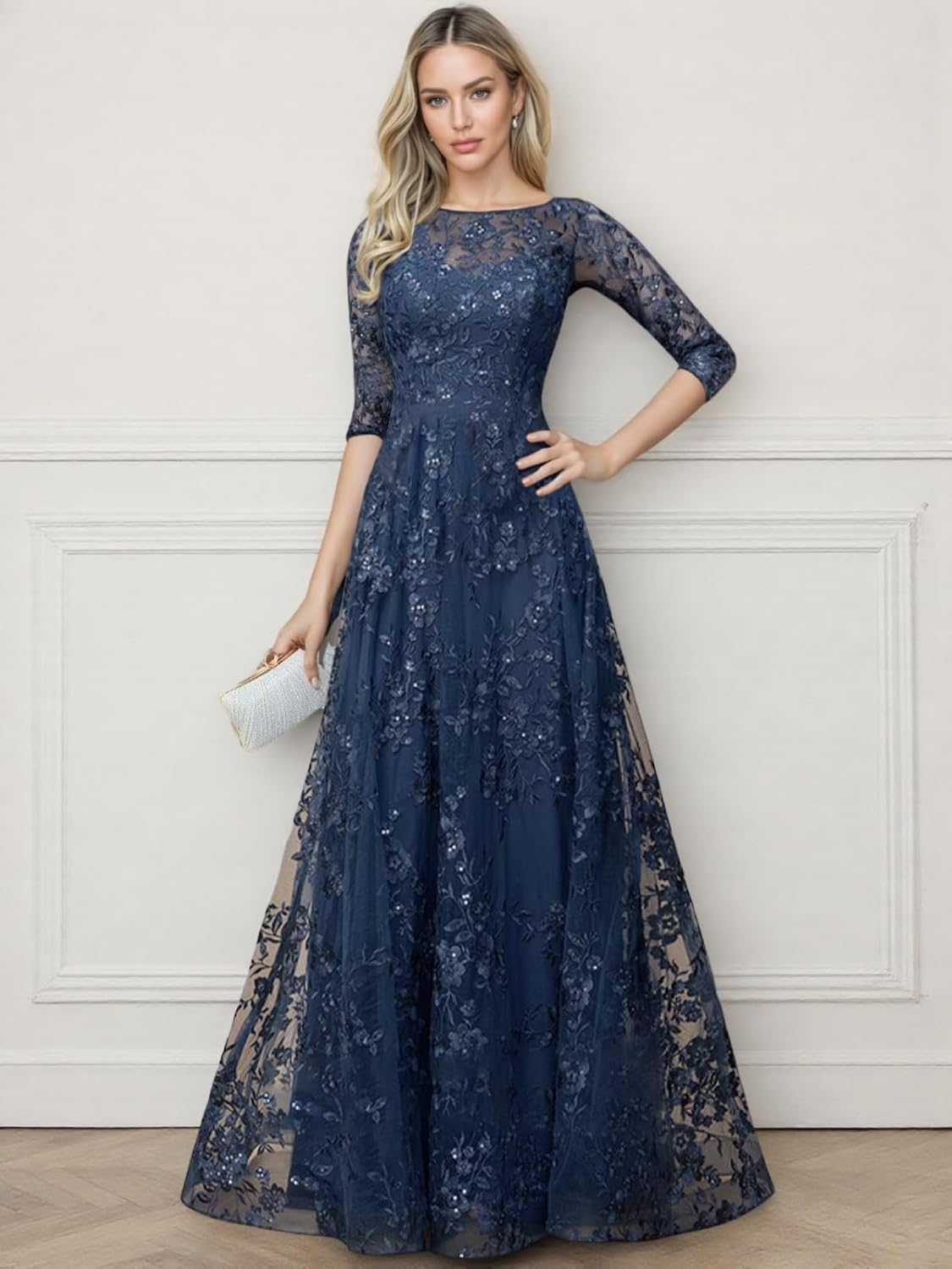 Lace Long Mother of The Bride Dresses for Wedding Guest 3/4 Sleeve Tulle Foraml Evening Party Gowns HX010 - Image 3