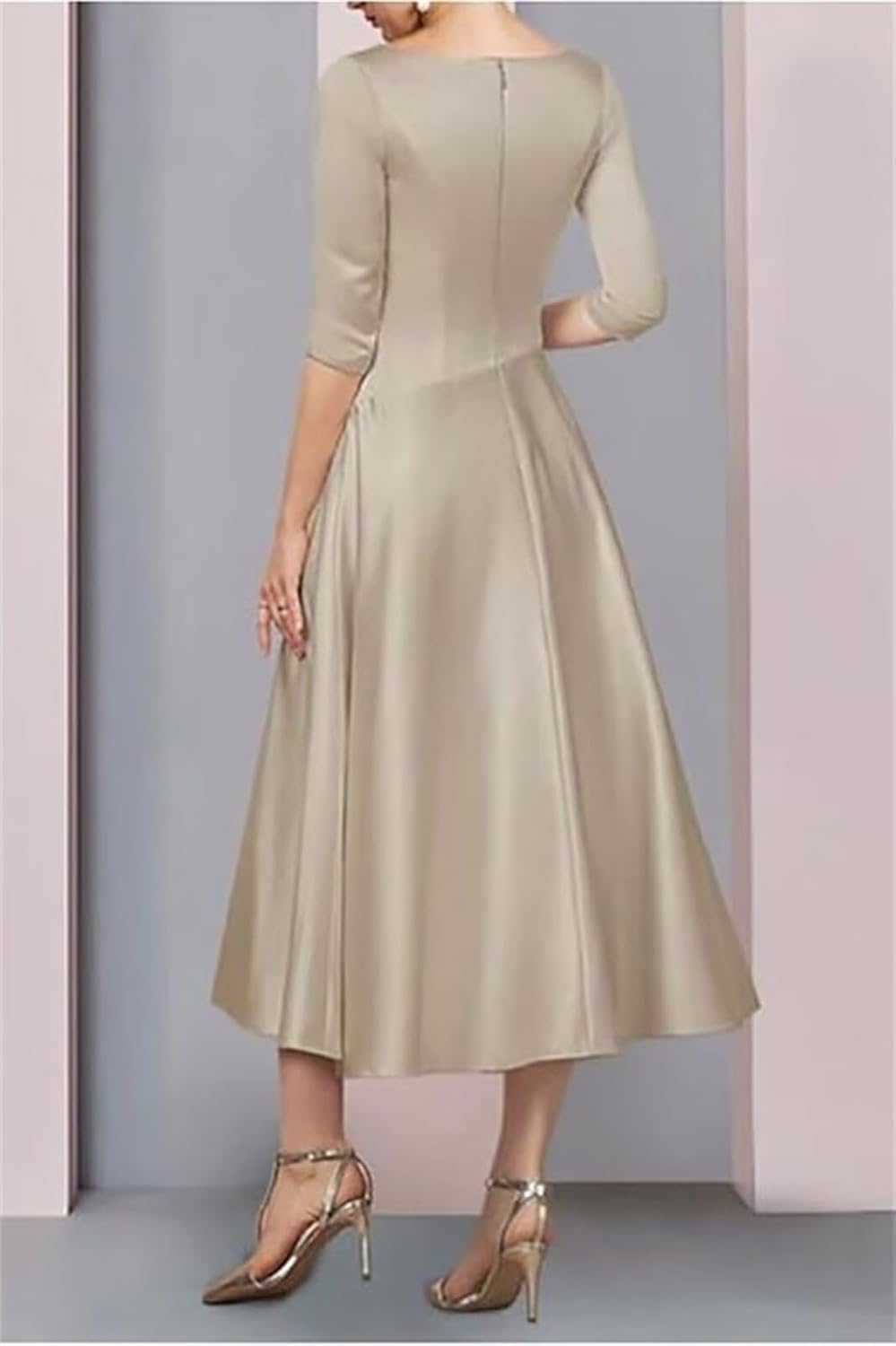 A Line Sleek Satin V Neck Tea-Length 3/4 Sleeve Wedding Guest Dresses for Women with Pleats LZ014 - Image 2