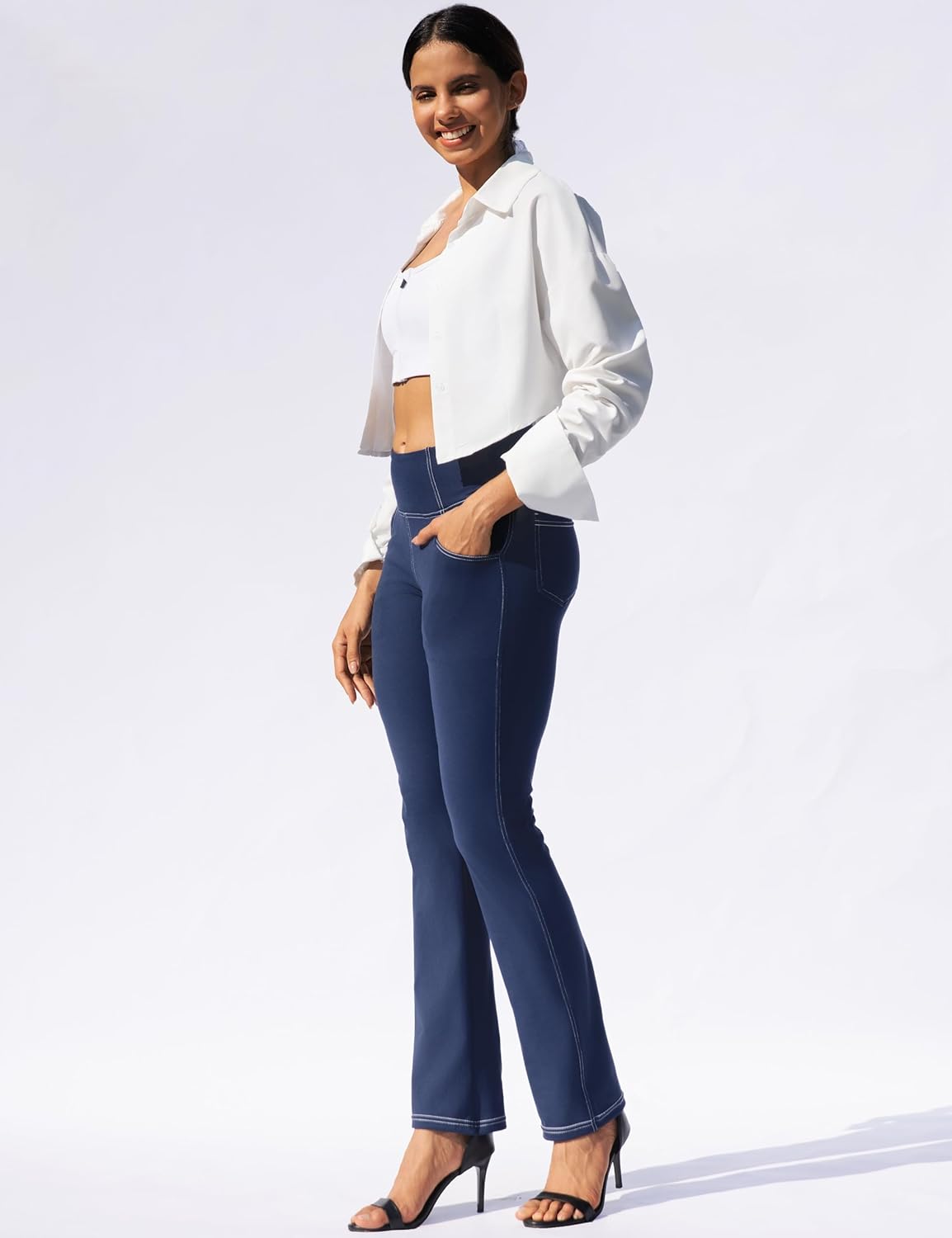 VOOVEEYA Womens Straight Leg Leggings, High Waisted Yoga Pants with Pockets Tummy Control Bootcut Casual Dress Pants - Image 5