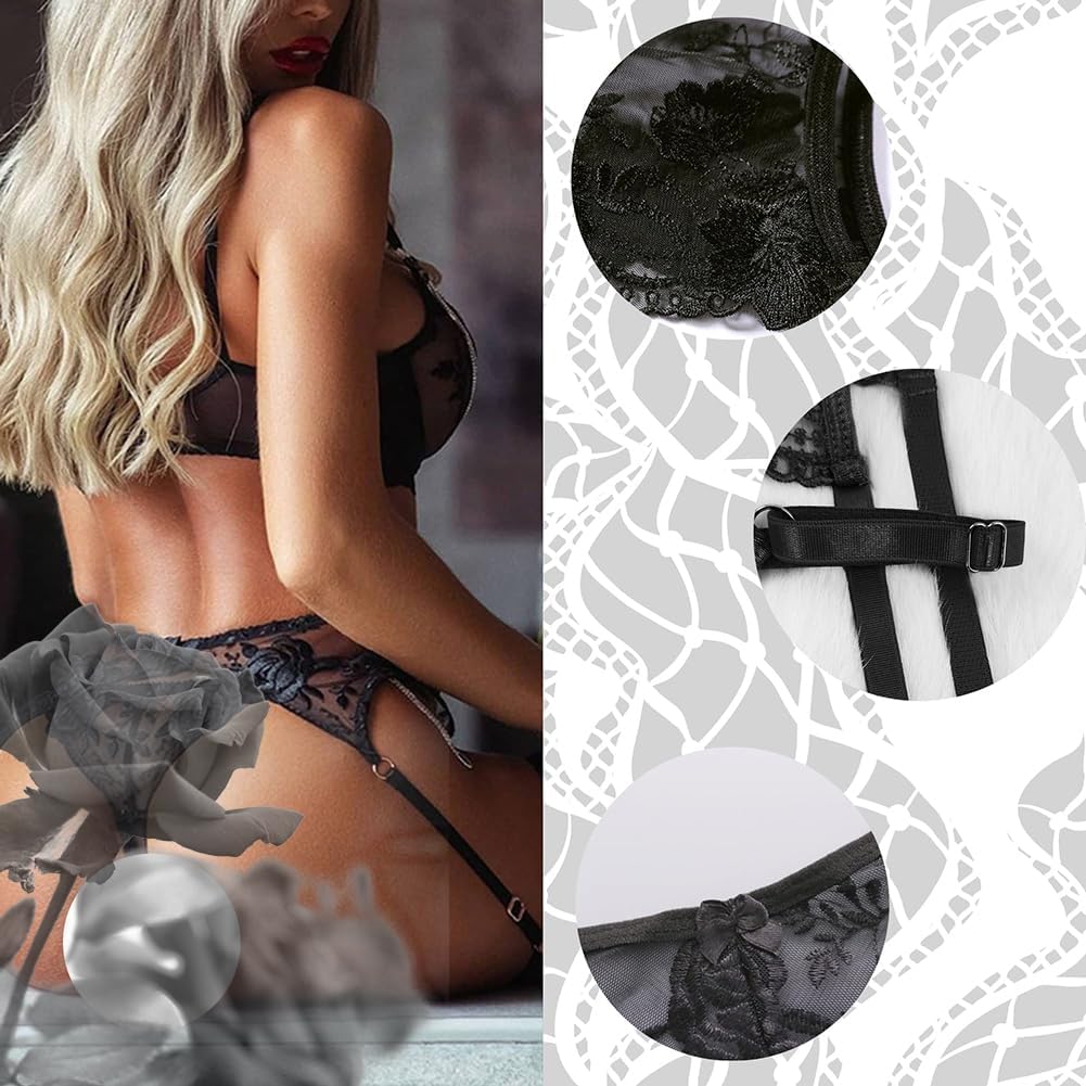 Lace Garter Belt Thong Set for Women Suspender Lingerie with 4 Metal Clips Holder Belts for Stockings+G-string - Image 4