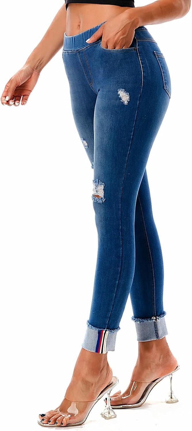 Jvini Women’s Stretch Denim Pull On Jeans with Pockets – Ripped Distressed Elastic Waist Jeggings Skinny Denim Pants - Image 3