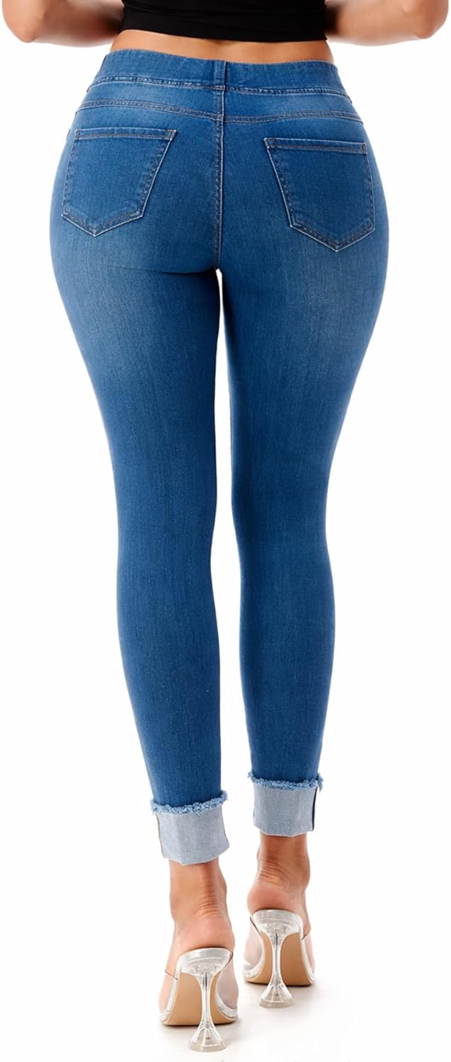 Jvini Women’s Stretch Denim Pull On Jeans with Pockets – Ripped Distressed Elastic Waist Jeggings Skinny Denim Pants - Image 5