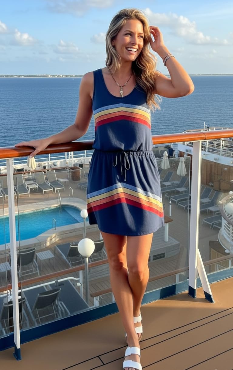 ETCYY NEW Womens Summer Striped Dresses Casual Sleeveless T Shirt Dress Drawstring Waist Sundress with Pockets - Image 3