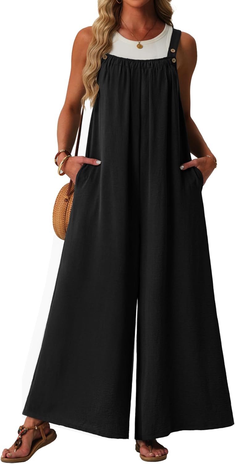 Lepunuo Womens Casual Jumpsuits Summer Boho Wide Leg Rompers Sleeveless Overalls Pleated Jumpers with Pockets