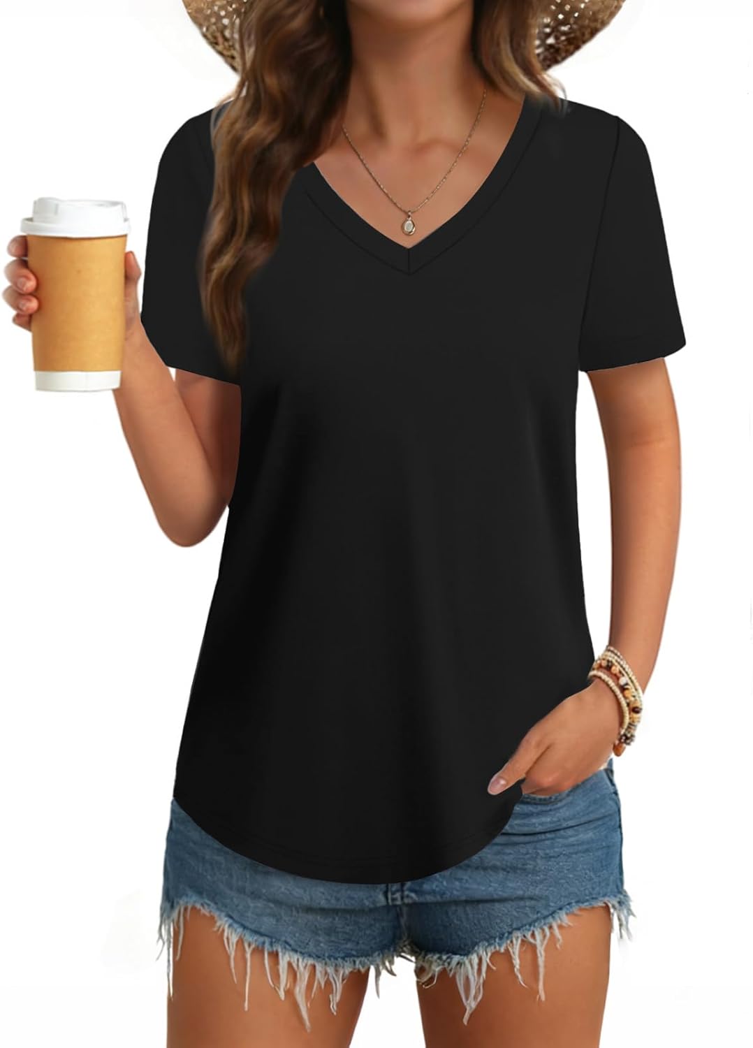 GKBK Womens T Shirts V Neck Short Sleeve Cotton Tops Summer Curved Hem Trendy Basic Tee Shirt S-XXL