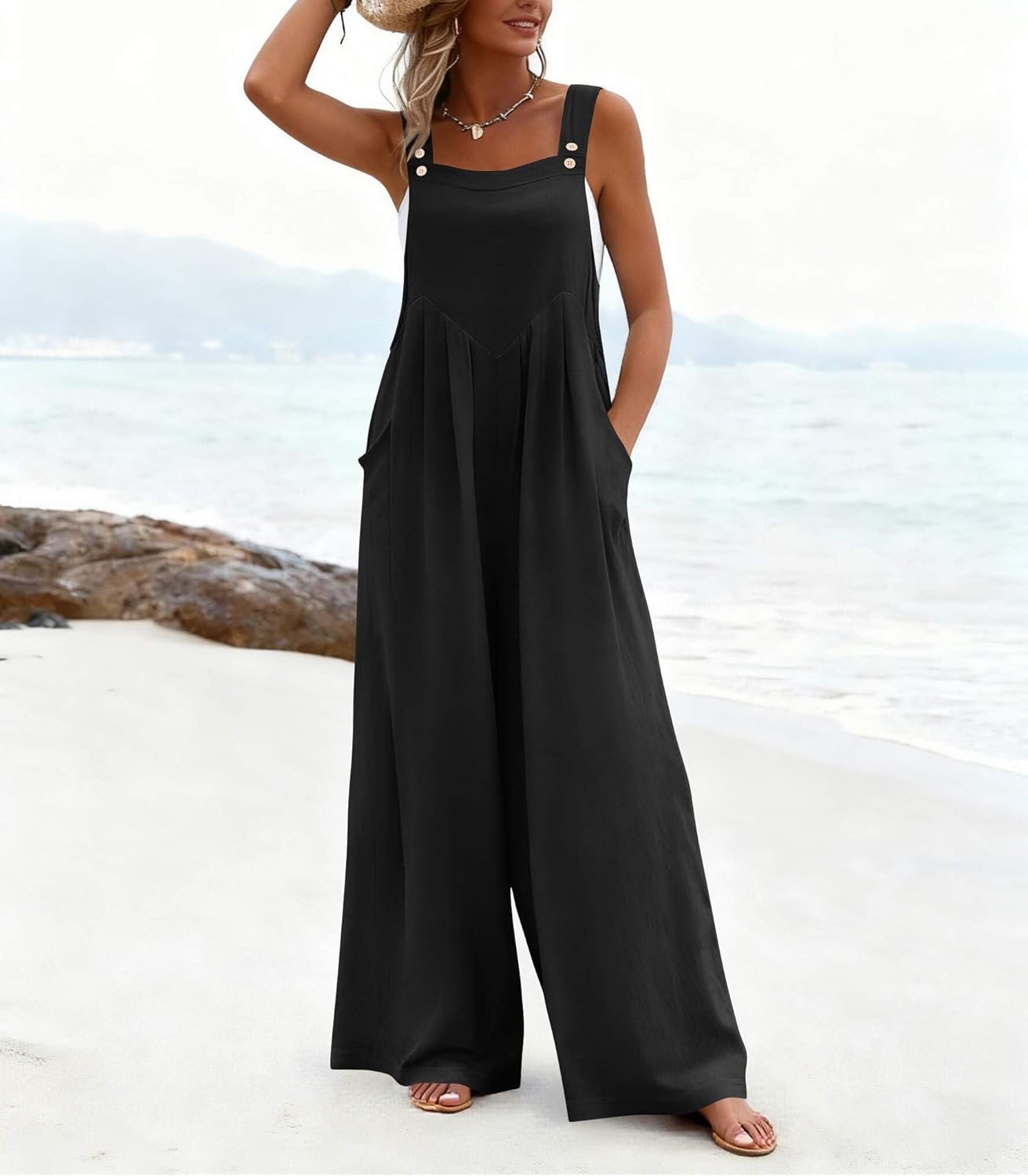 Ekouaer Women's Casual Overalls Loose Wide Leg Jumpsuits Summer Boho Floral Printed Baggy Rompers with Pockets - Image 2