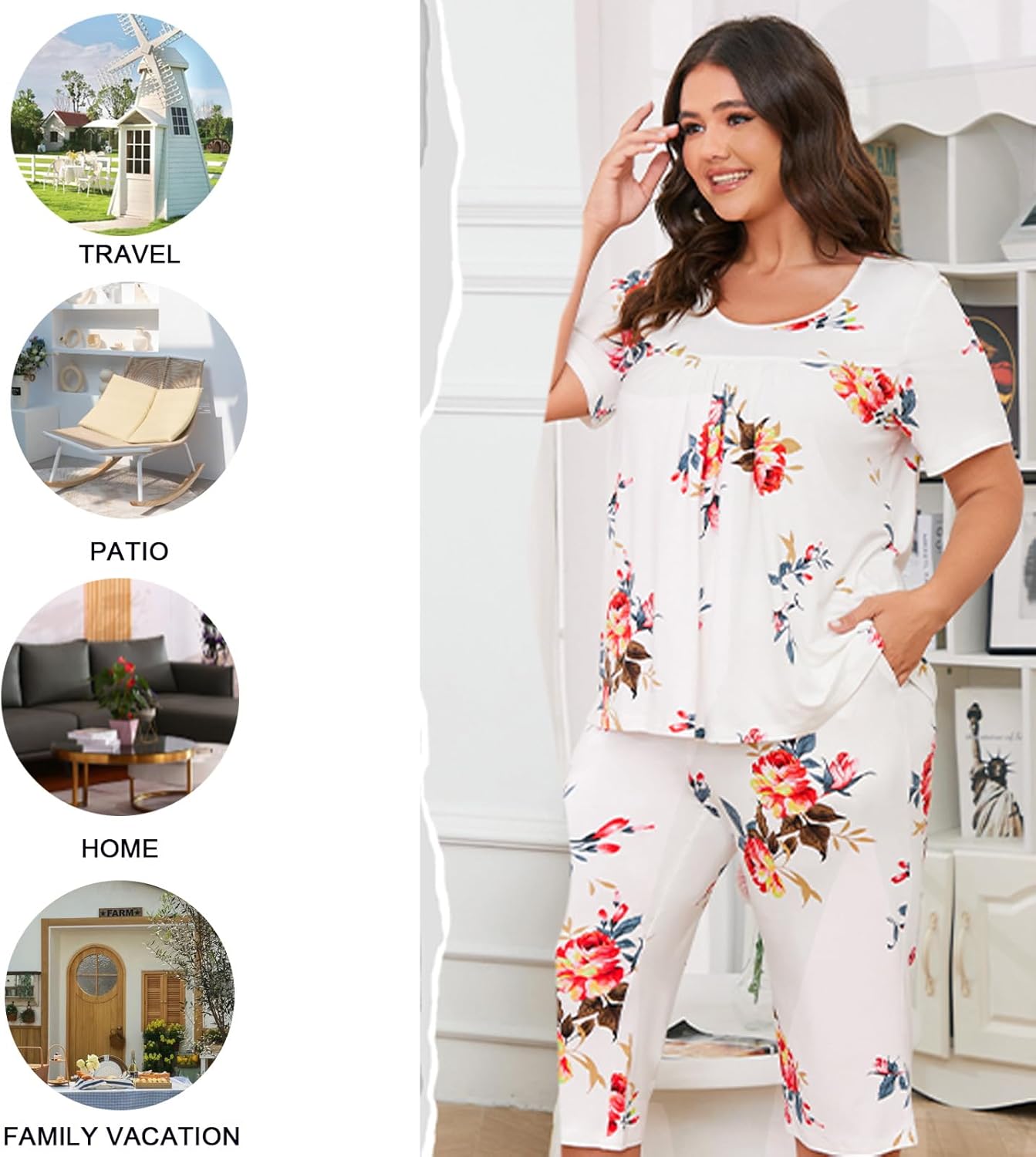 POPYOUNG Womens Pajama Sets Summer Ladies Pjs 2 Piece Loungewear Capri with Pockets Sleepwear - Image 5
