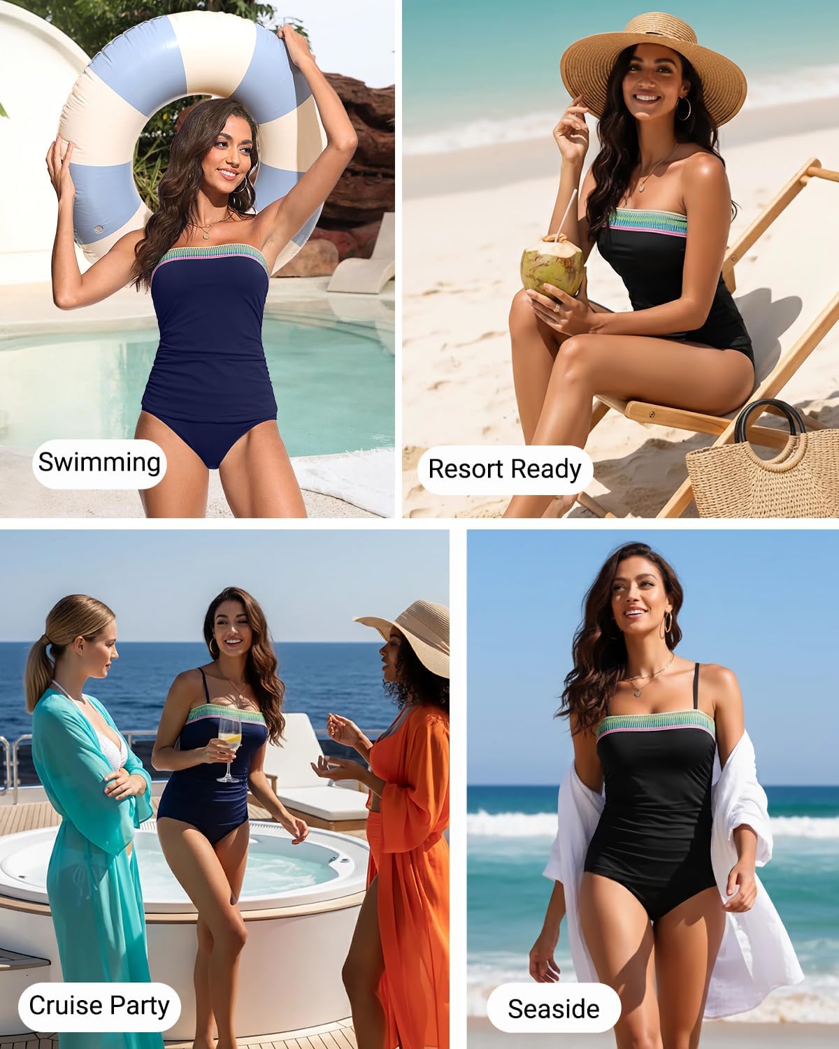 Daci Bandeau Tankini Swimsuits for Women - Two Piece Ruched Tummy Control Bathing Suit Strapless Swimwear with Bottom - Image 2