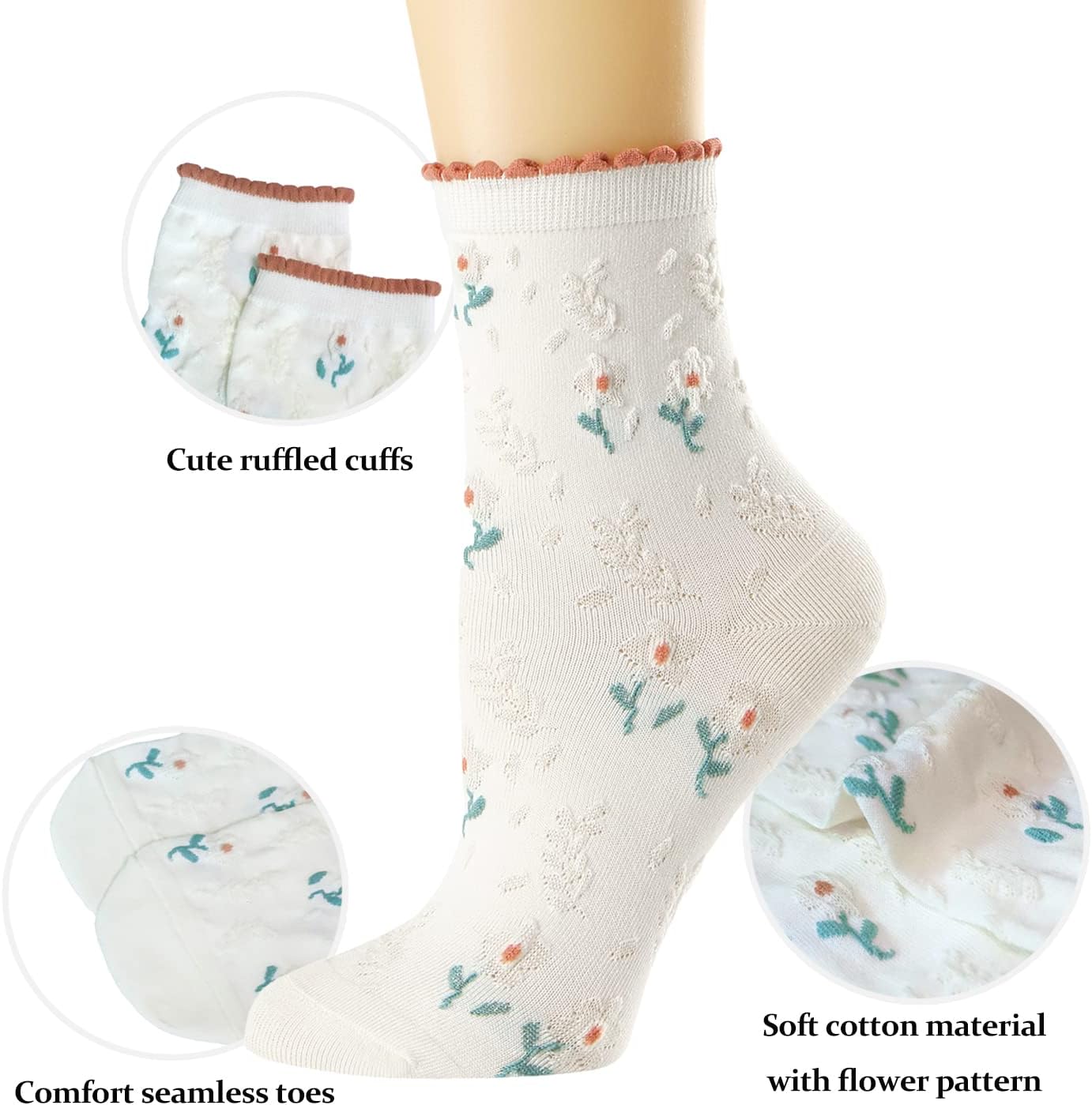 Women's Ruffle Socks, Casual Cotton Cute Novelty Socks, Breathable Crew Socks for Women Girl 5 Pairs - Image 3