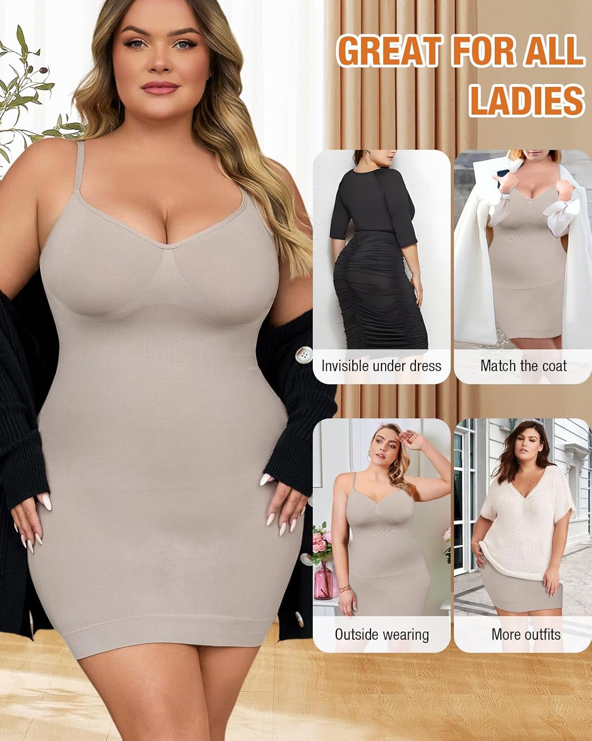 Shapewear Slip Dress for Women Under Dress Seamless Tummy Control Slip Dress Plus Size Smoothing Cami Dress Slips - Image 5