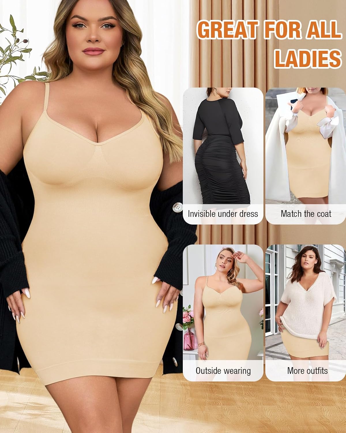Shapewear Slip Dress for Women Under Dress Seamless Tummy Control Slip Dress Plus Size Smoothing Cami Dress Slips - Image 5