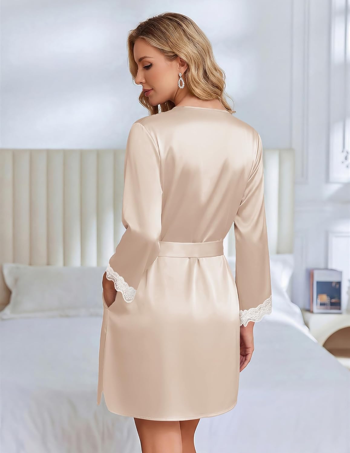 Ekouaer Silk Robe for Women Short Satin Robe 3/4 Sleeves Lace Trim Kimono Bathrobe Sexy Bride Bridsmaid Sleepwear with Pocket - Image 5