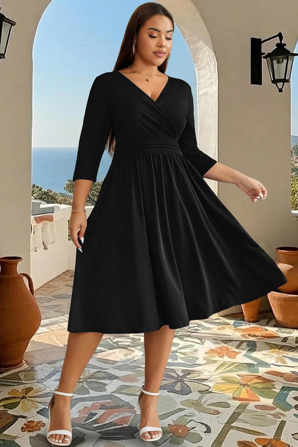 Nmoder Casual Wrap Dresses for Women A-Line Flared Church Midi Dress V Neck 3/4 Sleeve with Pockets - Image 5