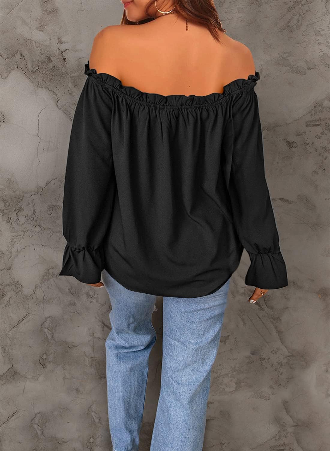 Spriolim Women's Off Shoulder Top Ruffle Long Sleeve Chiffon Blouse Casual Loose Shirts - Image 4