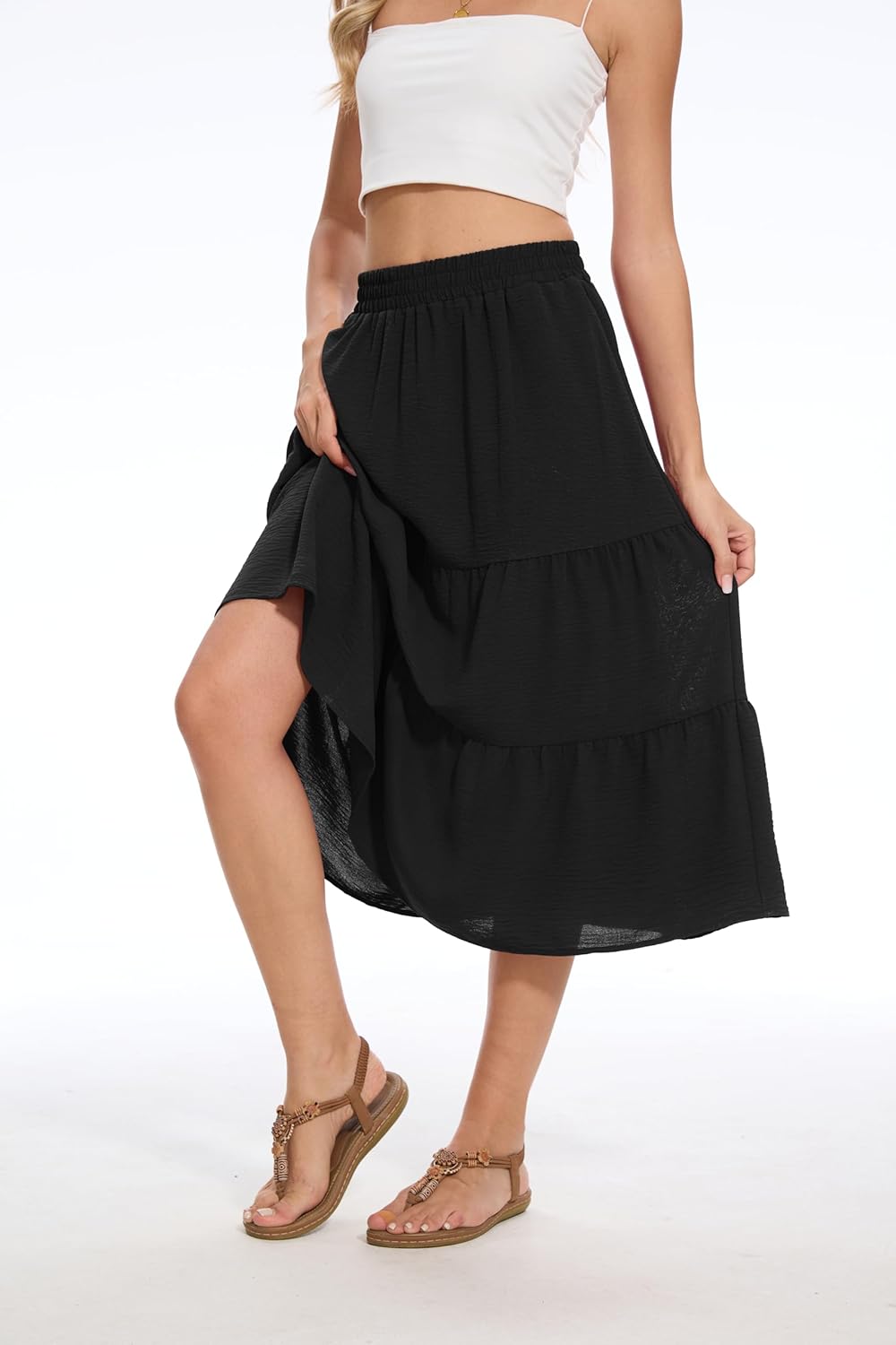 Women's Summer Midi Skirt Tiered Flowy High Waist A-Line Elastic Ruffle Casual Skirts with Pockets - Image 3