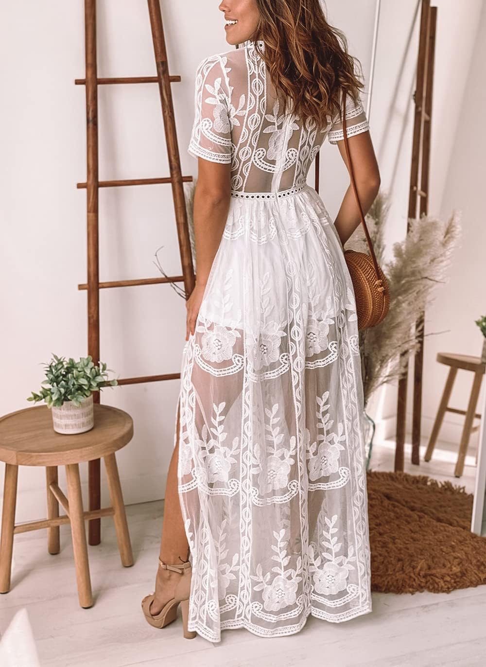 Eleter Women's Deep V-Neck Lace Romper Short Sleeve Long Dress - Image 5