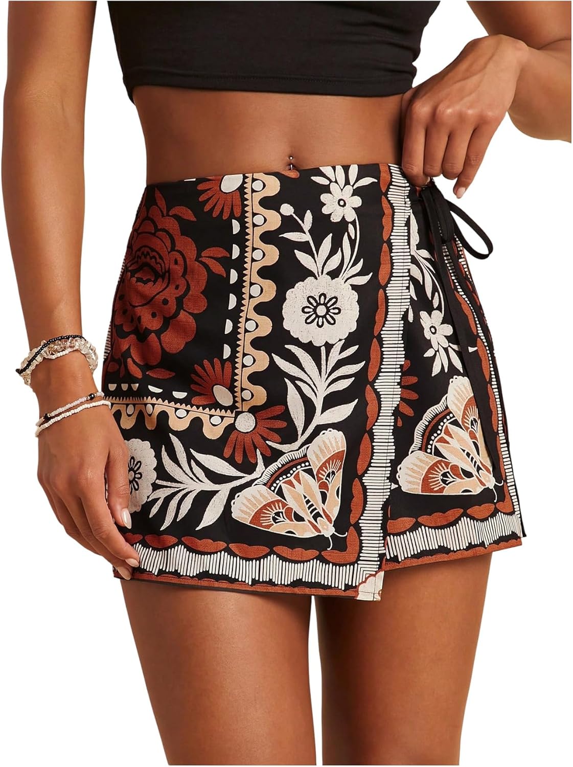 SweatyRocks Women's Boho Mini Skirts Floral Shorts Tie Side Wrap Elastic Waist Summer Skorts Beach Vacation Outfits