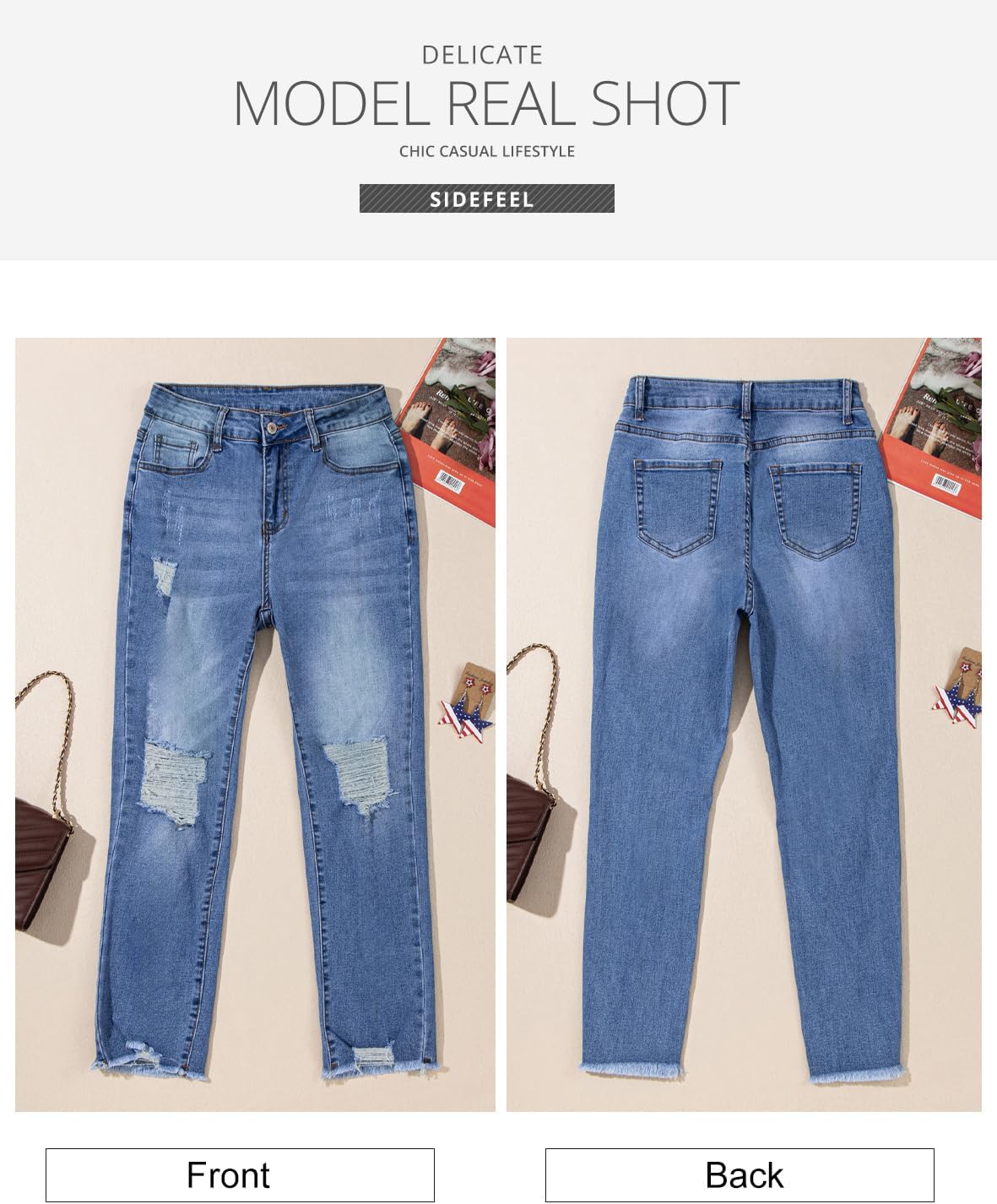 Sidefeel Women's Boyfriend Jeans Stretchy Ripped Distressed Zimbaplatinum Denim Pants Size 4-18 - Image 5