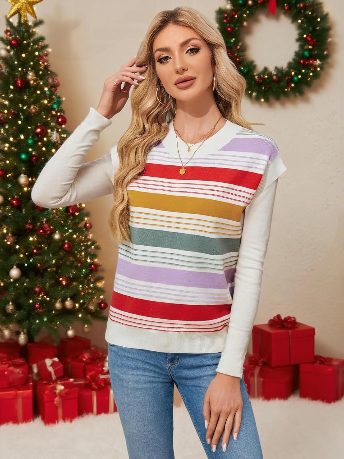 FireSwan Womens Cap Sleeve Sweater Vest Striped Color Block Loose Tank Tops Trendy Vacation Outfits Cute Summer Spring Top - Image 4