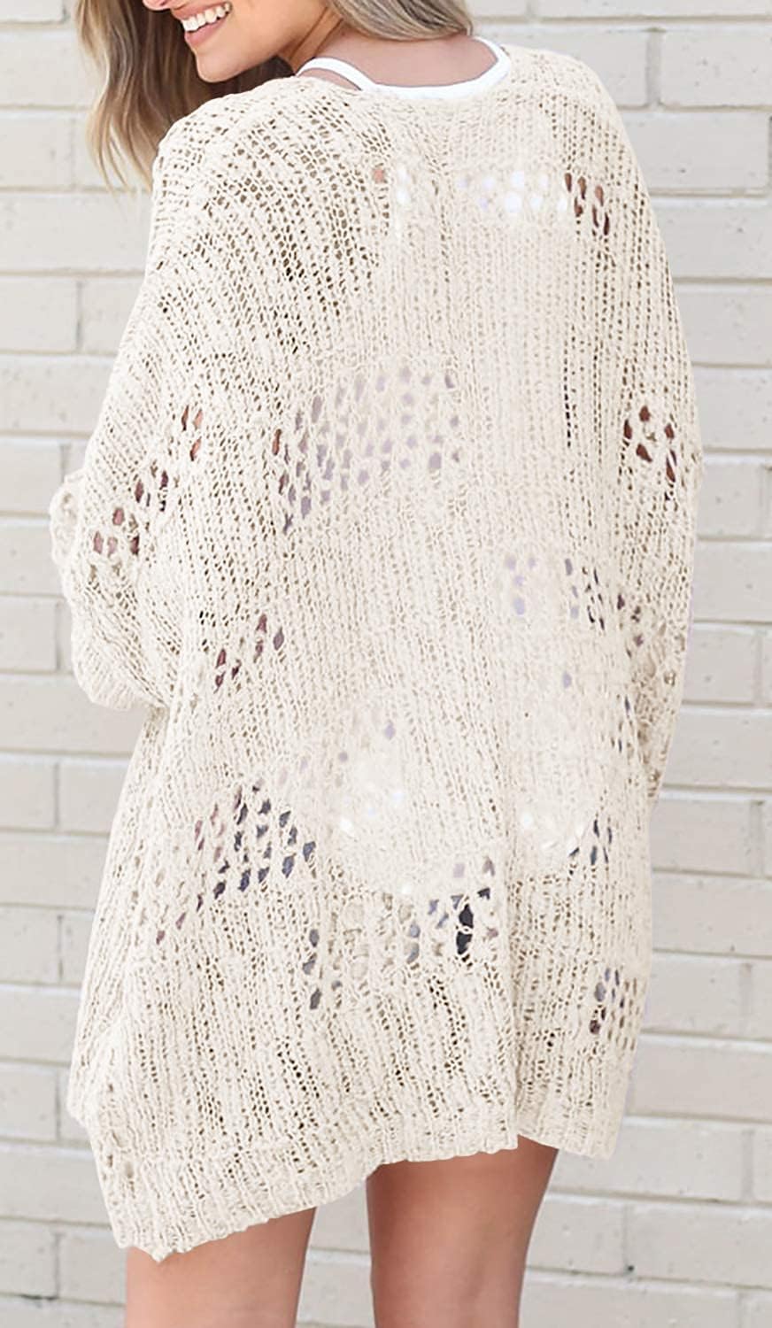 Mafulus Women's Crochet Cardigan Kimono Boho Long Sleeve Lightweight Soft Oversized Open Front Knitted Sweater - Image 3