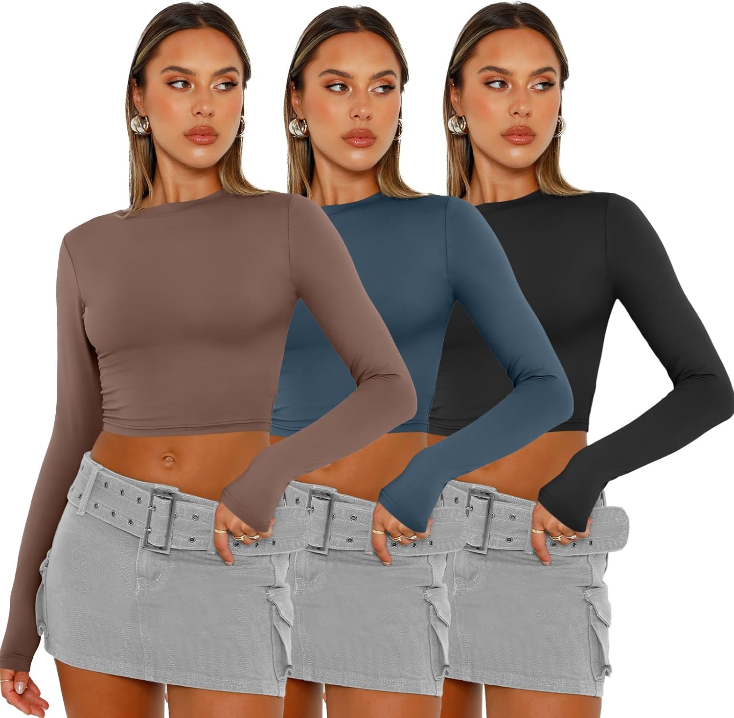 AUTOMET 3 Pack Womens Long Sleeve Shirts Y2K Going Out Crop Tops Cute Basic Slim Fitted Fall Fashion Outfits 2026 Clothes - Image 2
