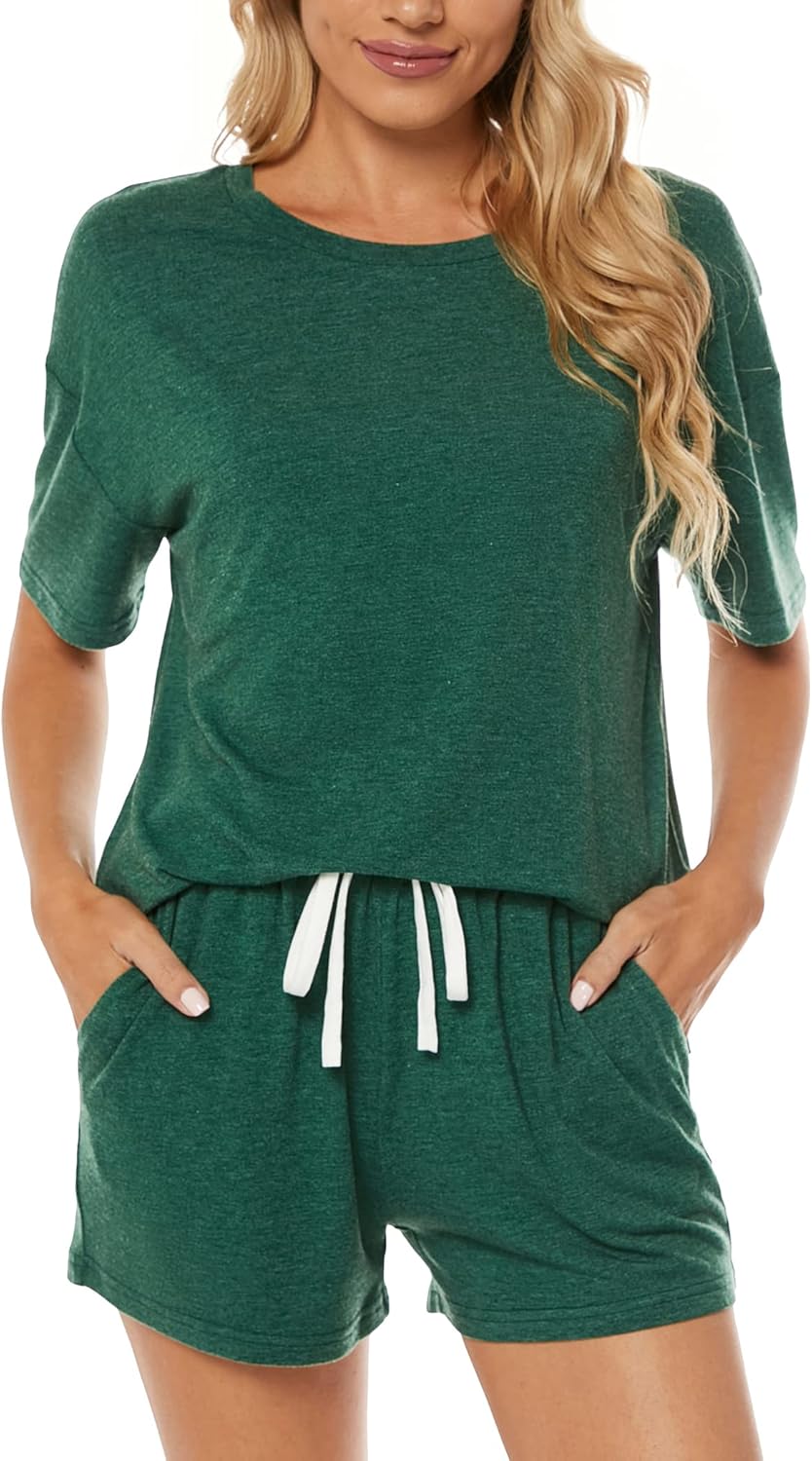 LOCUBE Women's Pajama Set Soft Comfy 2-Piece Short Sleeve Lounge Sleepwear with Drawstring Shorts and Pockets