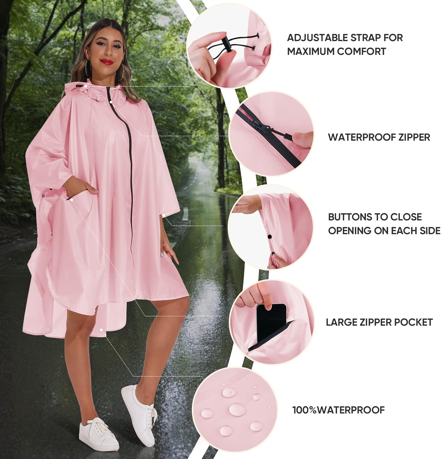 PTEROMY Hooded Rain Poncho for Adult with Pocket and Zipper, Waterproof Lightweight Raincoat for Men and Women - Image 6