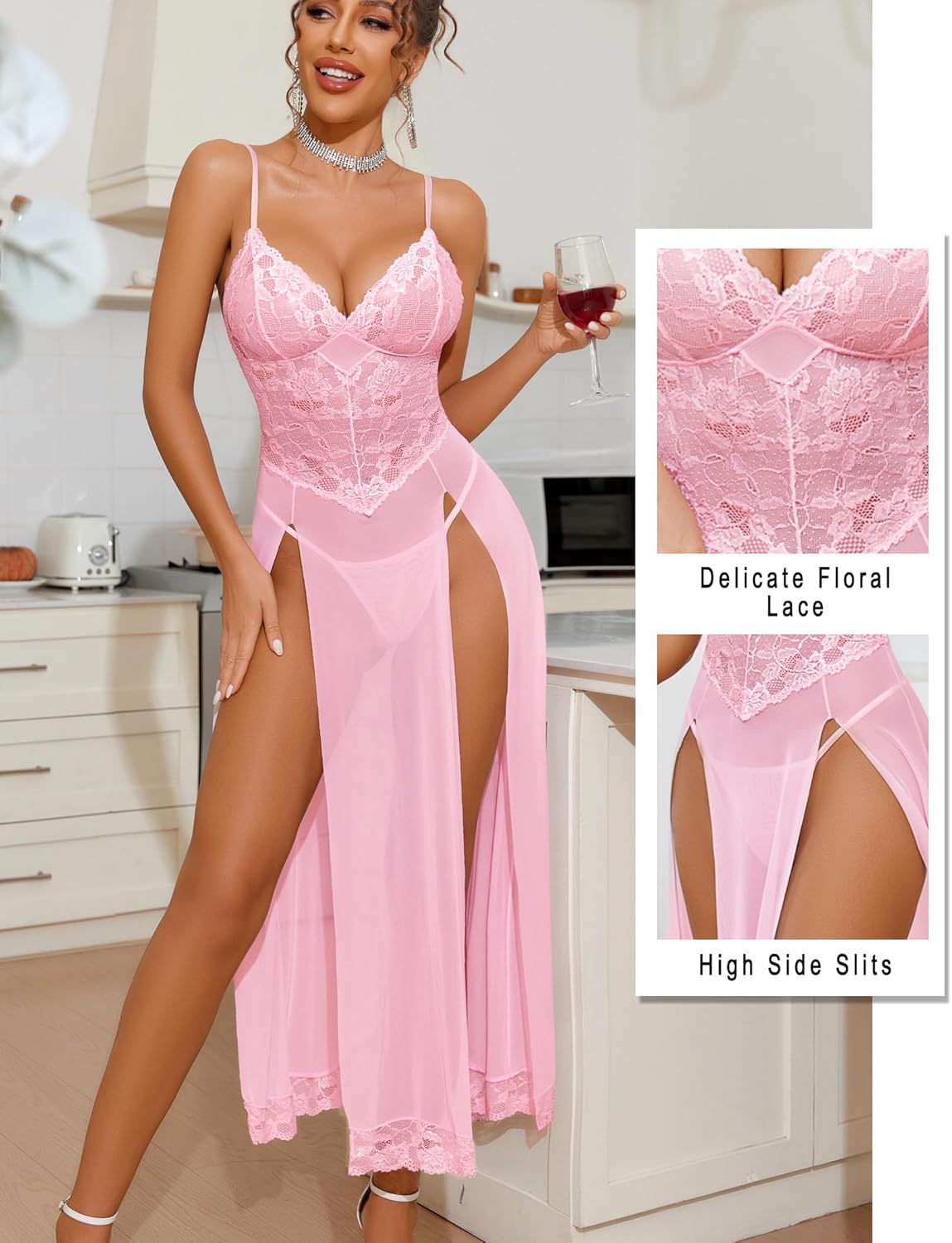 Avidlove Women Lingerie Dress Long Lace Babydoll Chemise Side Split Night Gowns V Neck Mesh Nightdress - Image 2