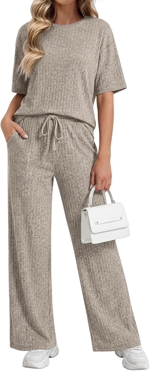 Addtoo Womens 2 Piece Lounge Sets 2026 Short Sleeve Ribbed Knit Pajamas with Pockets - Image 2