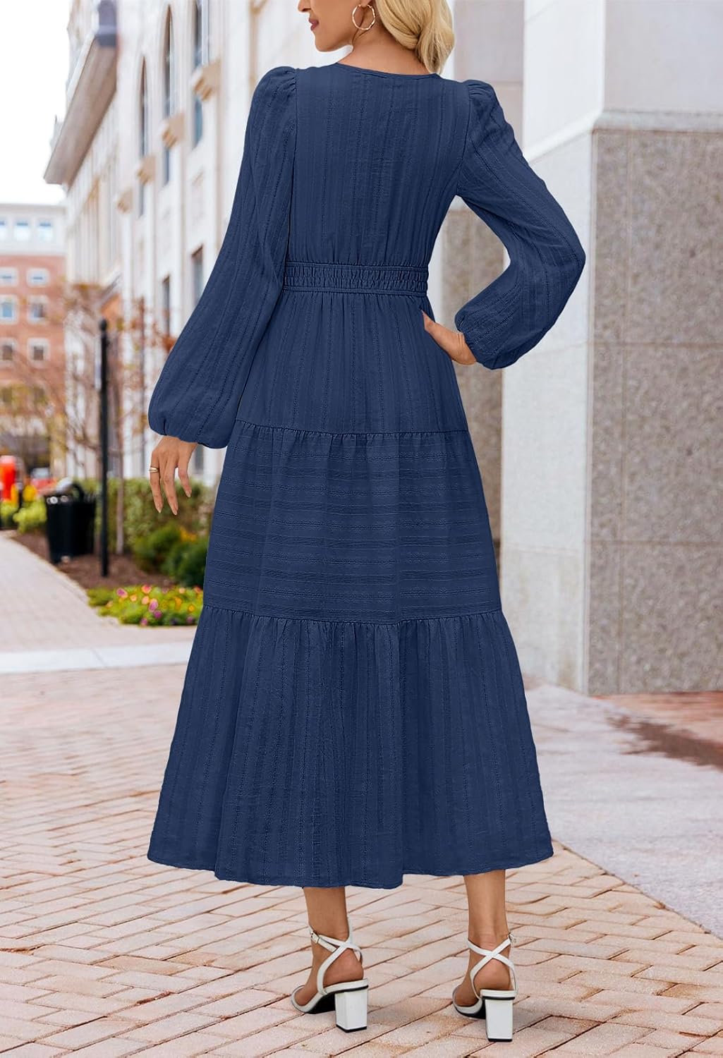 MEROKEETY Spring Summer Midi Dresses for Women 2026 Fall Casual Vacation Long Sleeve V Neck Tiered Cotton Maxi Dress Pockets - Image 3