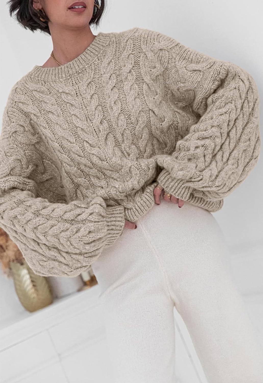 PRETTYGARDEN Womens Sweaters Spring 2026 Cable Knit Long Sleeve Crewneck Oversized Sweater Chunky Pullover Loose Outfits - Image 2
