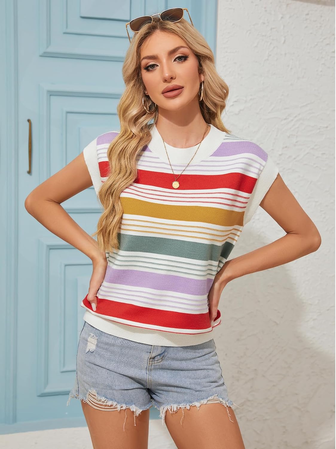 FireSwan Womens Cap Sleeve Sweater Vest Striped Color Block Loose Tank Tops Trendy Vacation Outfits Cute Summer Spring Top - Image 2