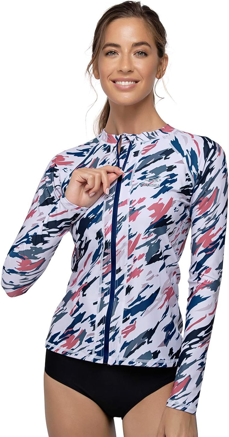 AXESEA Women Long Sleeve Rash Guard UPF 50+ UV Sun Protection Zip Front Swimsuit Shirt Printed Surfing Shirt Top