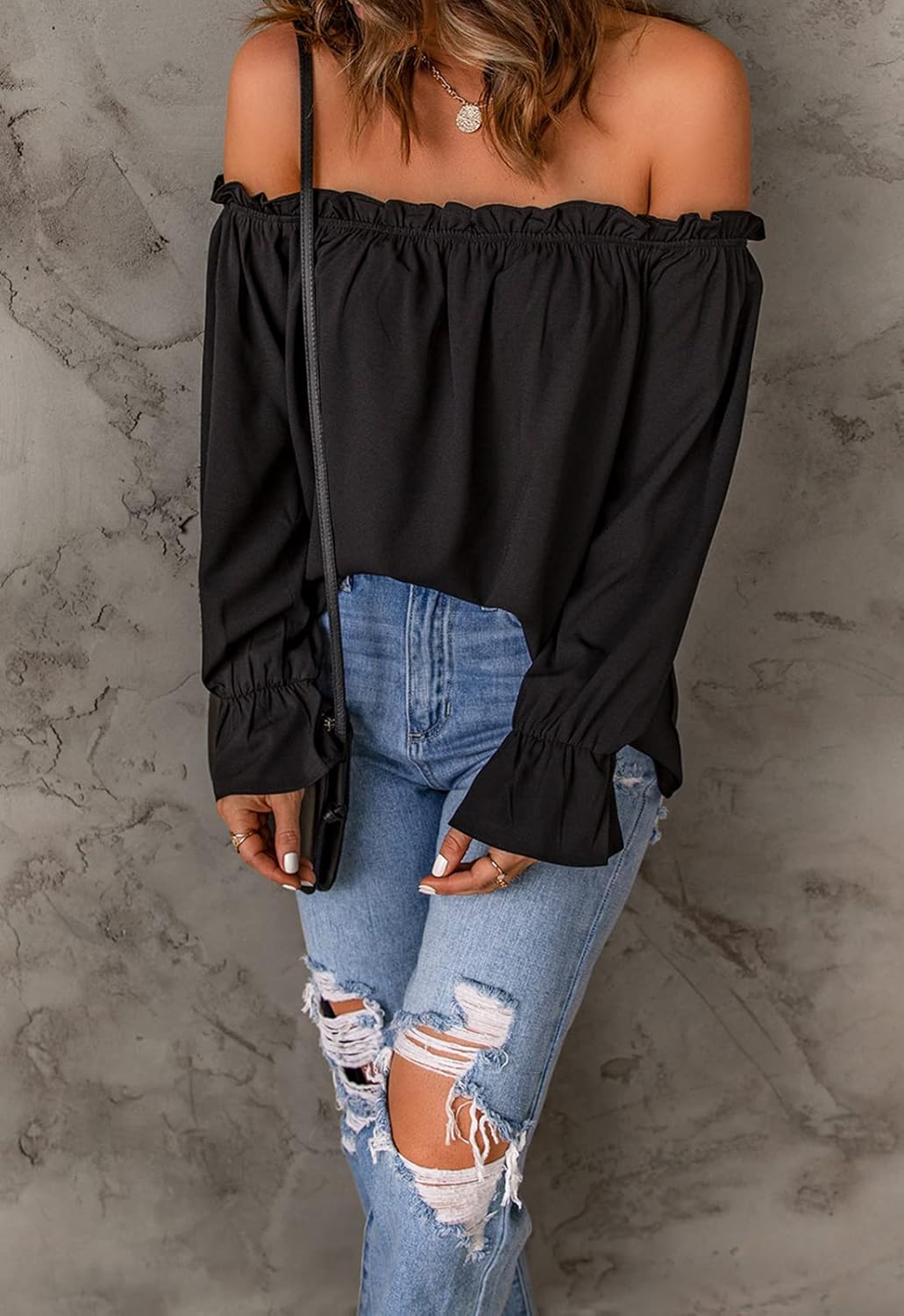 Spriolim Women's Off Shoulder Top Ruffle Long Sleeve Chiffon Blouse Casual Loose Shirts - Image 2