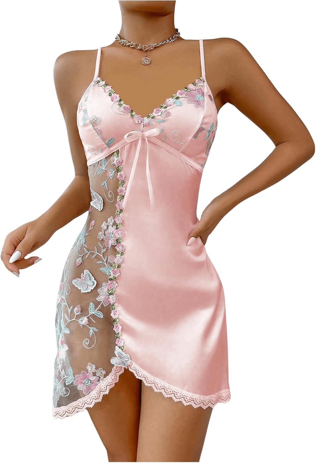 RoseSeek Women's Mesh Floral Embroidery Lace Trim Sheer Chemise Sleep Dresses Babydoll Nightgown Satin Slip Dress