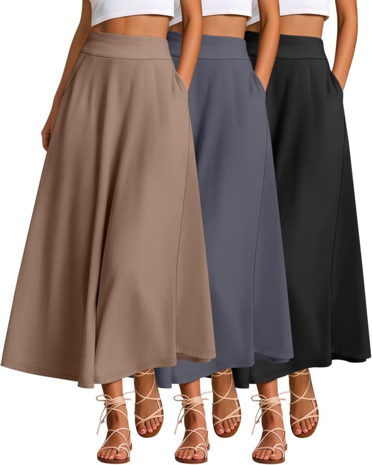 Ficerd 3 Pack Women's Maxi Long Skirts with Pockets, A Line Ankle Length High Waisted Flowy Soft Summer Casual Skirts