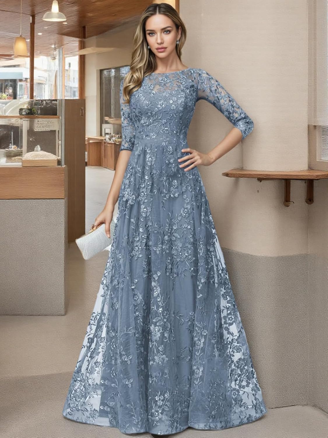 Lace Long Mother of The Bride Dresses for Wedding Guest 3/4 Sleeve Tulle Foraml Evening Party Gowns HX010 - Image 4