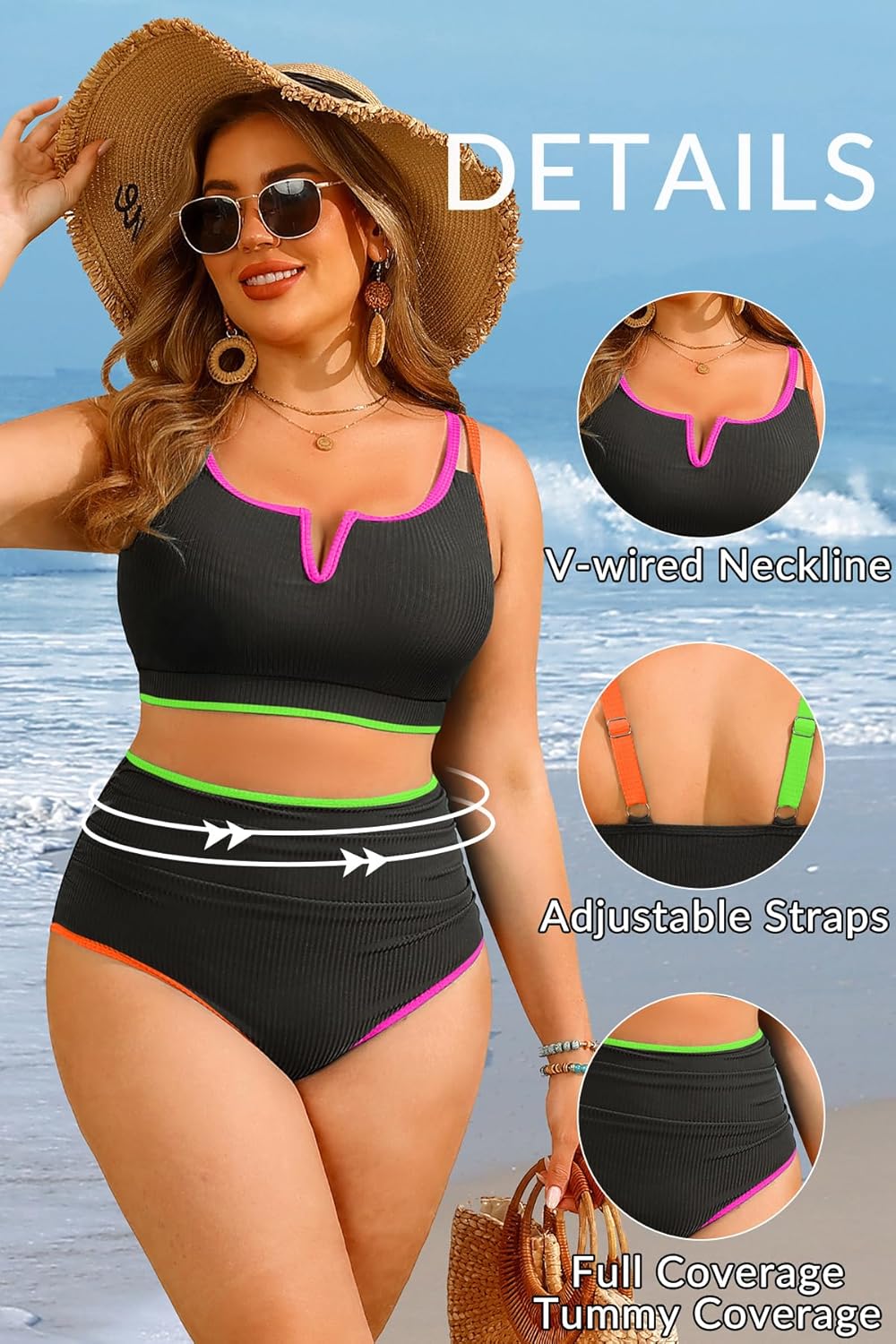 Yonique Women Plus Size High Waisted Bikini - Ribbed Two Piece Swimsuit Tummy Control Bathing Suit V-Wired 2026 Swimwear - Image 3