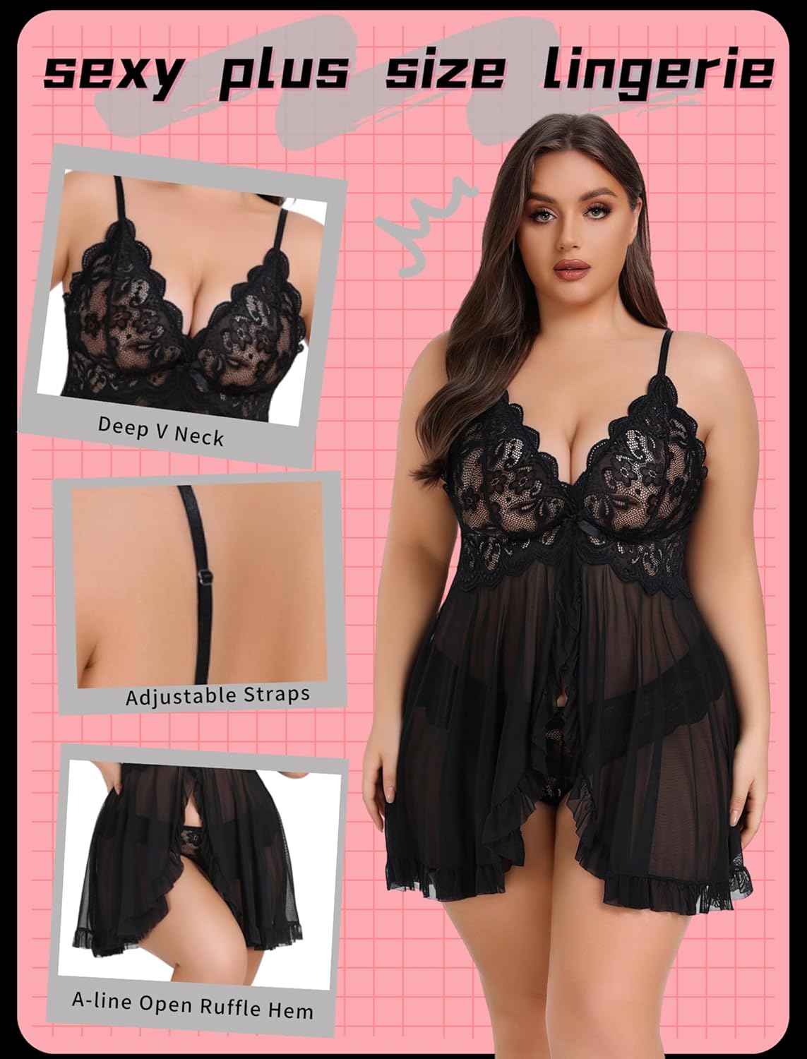 Avidlove Plus Size Lingerie for Women Sexy Lingerie Dress Lace Babydoll Lingerie V-Neck Open Front Strap Nightdress - Image 4