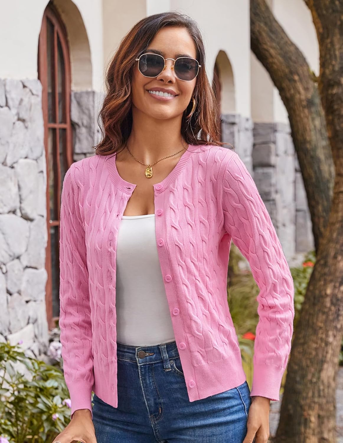 GRACE KARIN Womens Long Sleeve Button Up Cable Knit Cardigan Lightweight 2026 Crewneck Button Down Sweaters for Women - Image 3