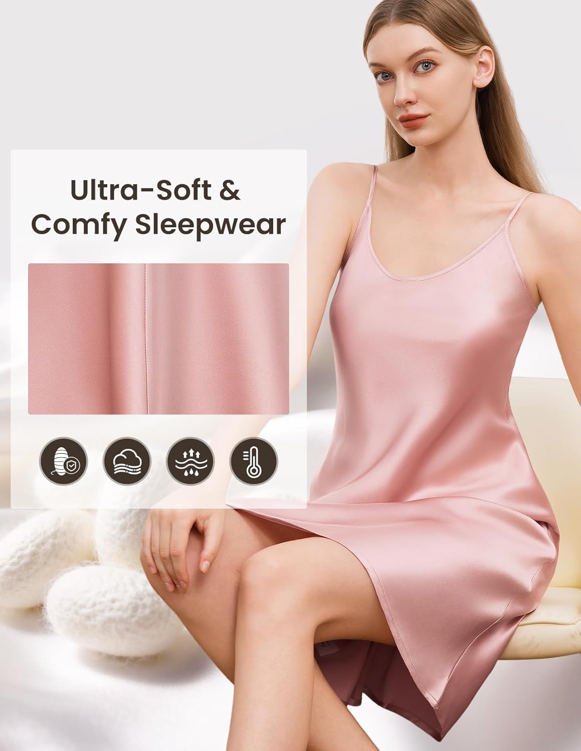 THXSILK 6A+ 100% Mulberry Silk Nightgown for Women, 22 Momme Sexy Silk Slip Dress, Round Neck Long Sleepwear - Image 4