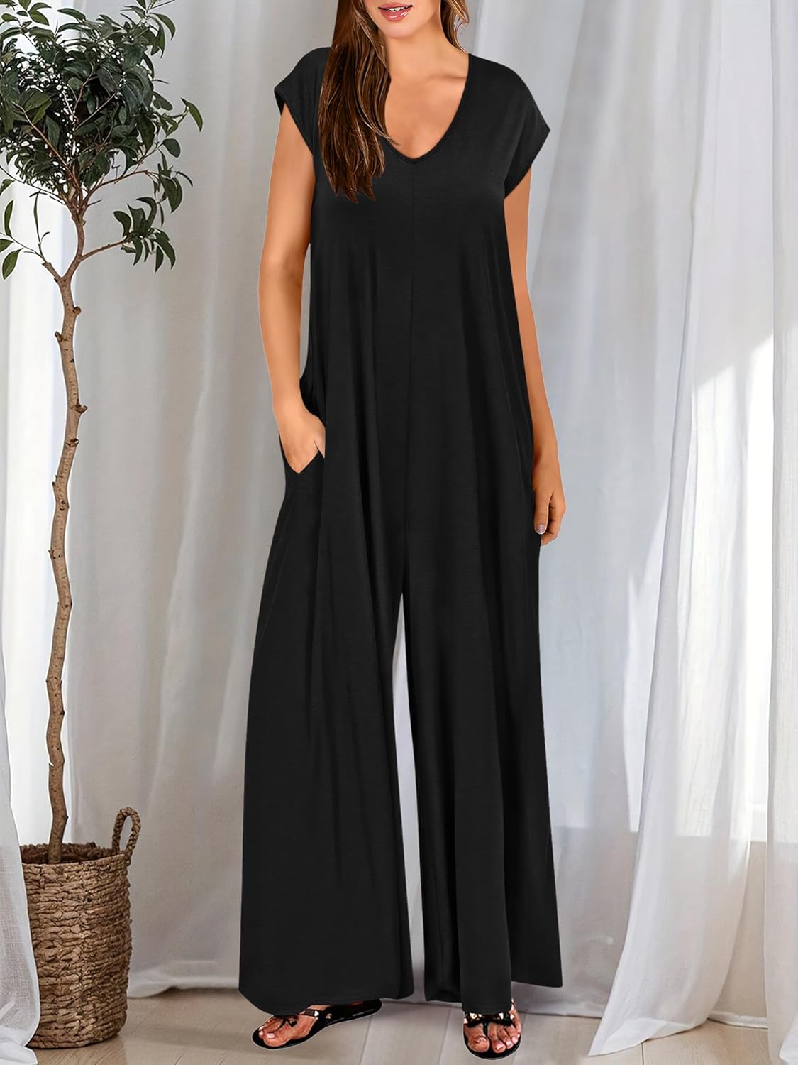 ANRABESS Jumpsuits for Women 2026 Summer Casual Loose Cap Sleeve Crewneck Wide Leg Rompers Jumper One Piece Beach Outfits - Image 3
