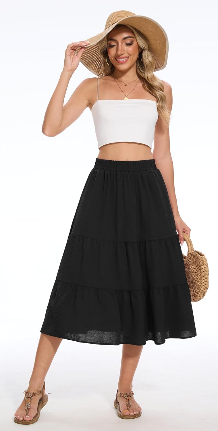 Women's Summer Midi Skirt Tiered Flowy High Waist A-Line Elastic Ruffle Casual Skirts with Pockets - Image 4
