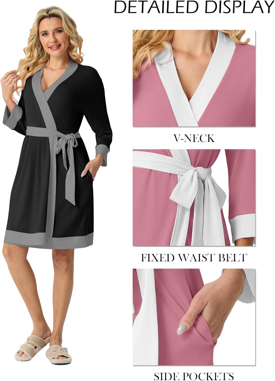 PrinStory Womens Robe Knit Kimono Bathrobe Lightweight Soft Sleepwear Knee Length Lounge Robes - Image 2