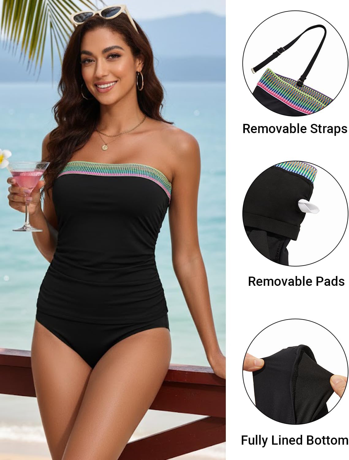 Daci Bandeau Tankini Swimsuits for Women - Two Piece Ruched Tummy Control Bathing Suit Strapless Swimwear with Bottom - Image 4