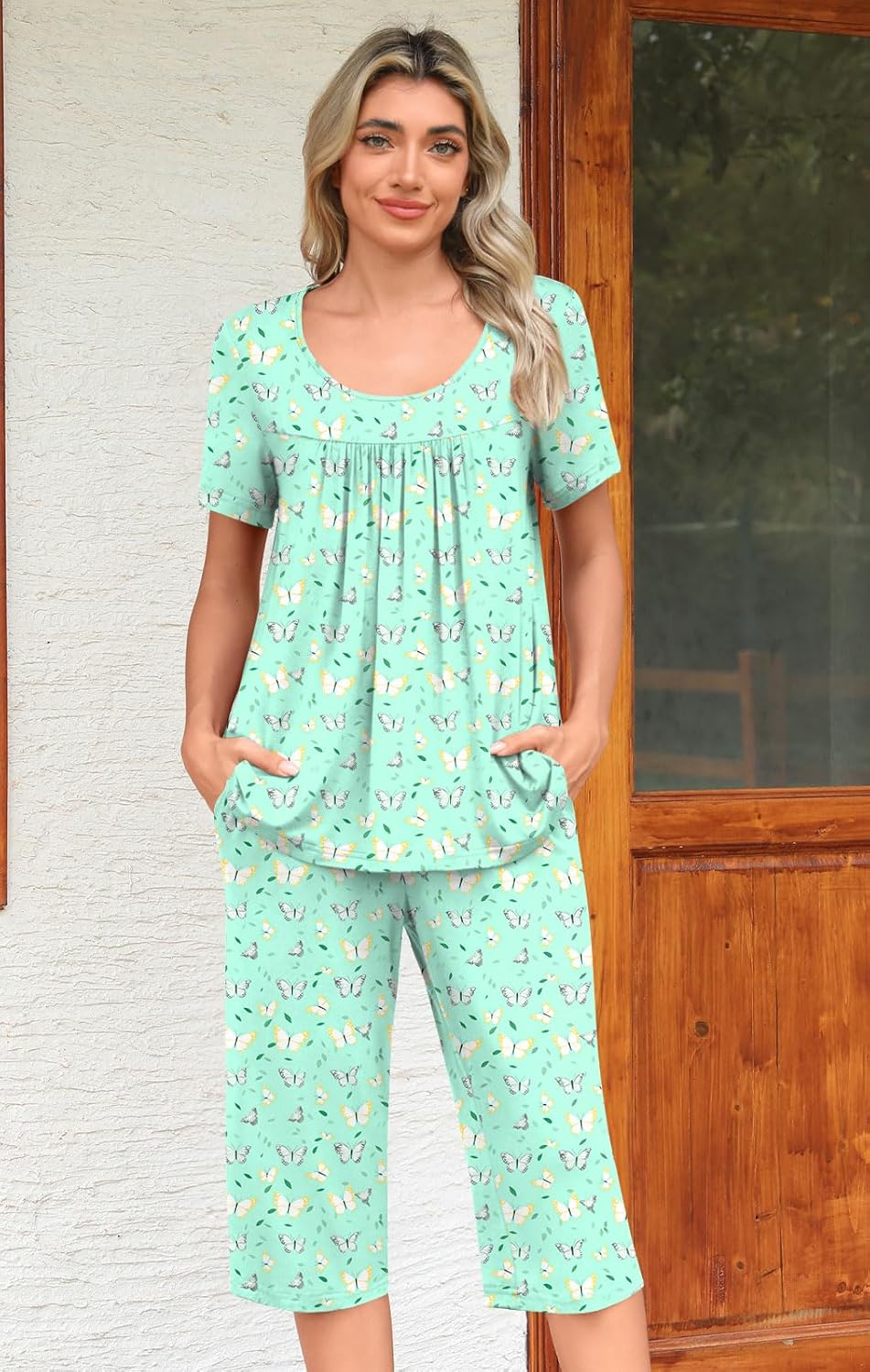 POPYOUNG Womens Pajama Sets Summer Ladies Pjs 2 Piece Loungewear Capri with Pockets Sleepwear - Image 2