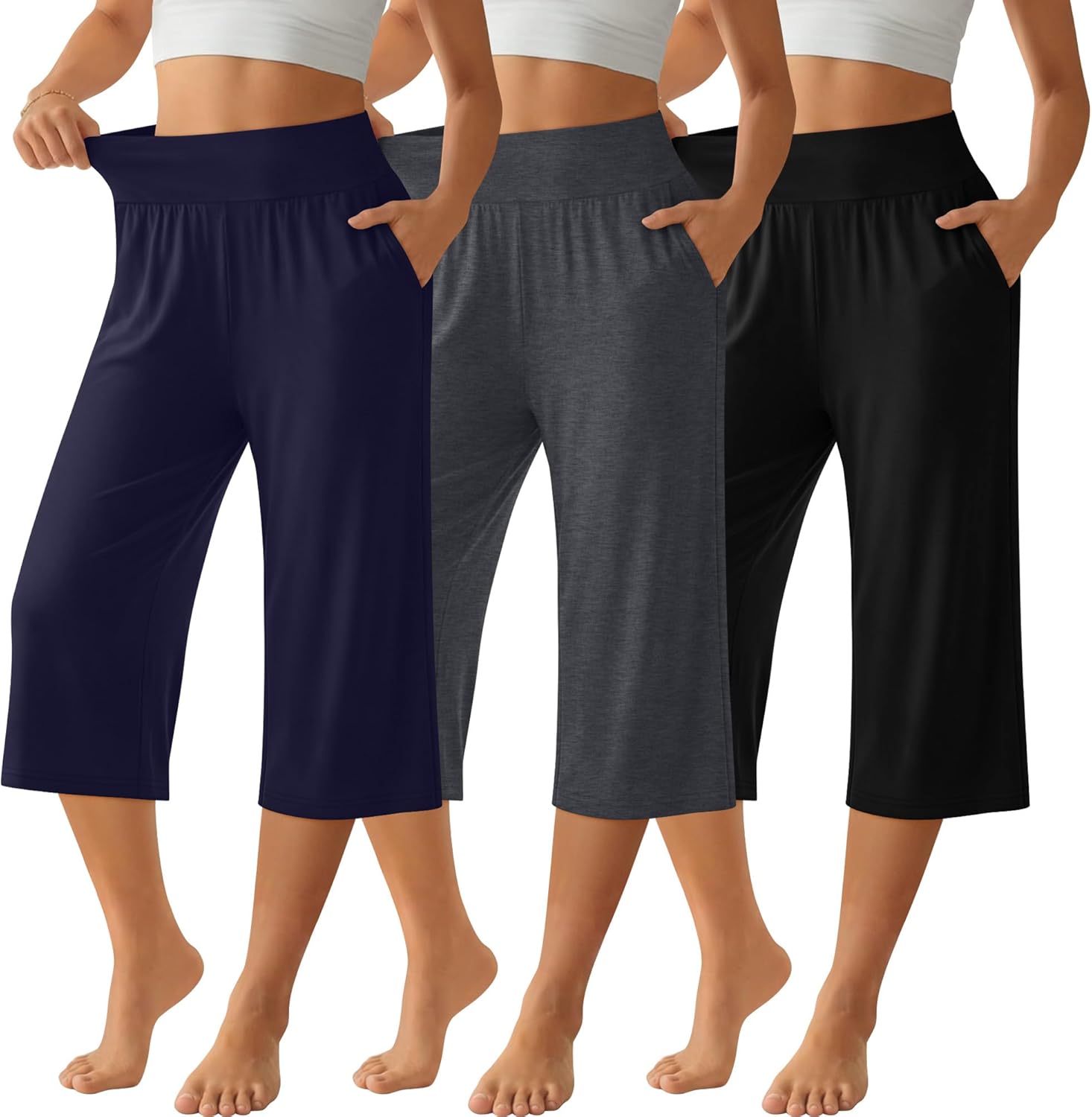 Neer 3 Pack Women Capri Pants Wide Leg High Waist Crop Lounge Sweatpants Loose Summer Casual Workout Pants with Pocket