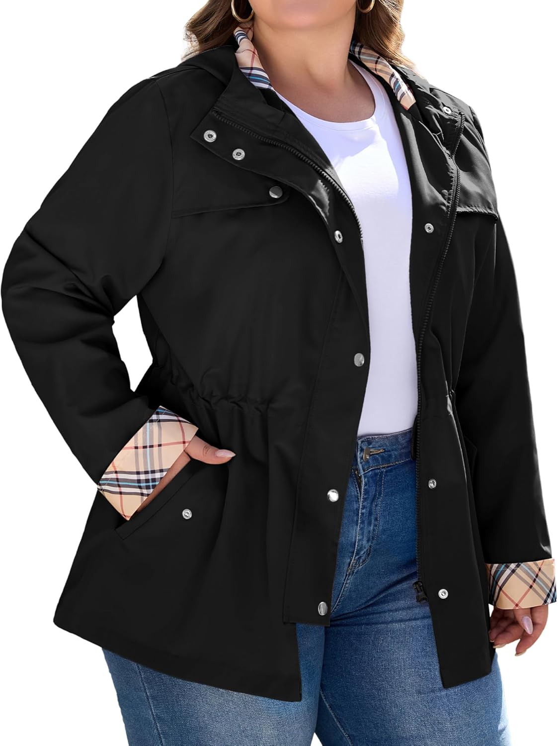 Bloggerlove Rain Jacket Women Plus Size Long Raincoat with Hood Waterproof Outdoor Trench Coat
